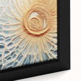 Close-up of textured black wall art featuring natural elements in vibrant colors on a framed canvas.