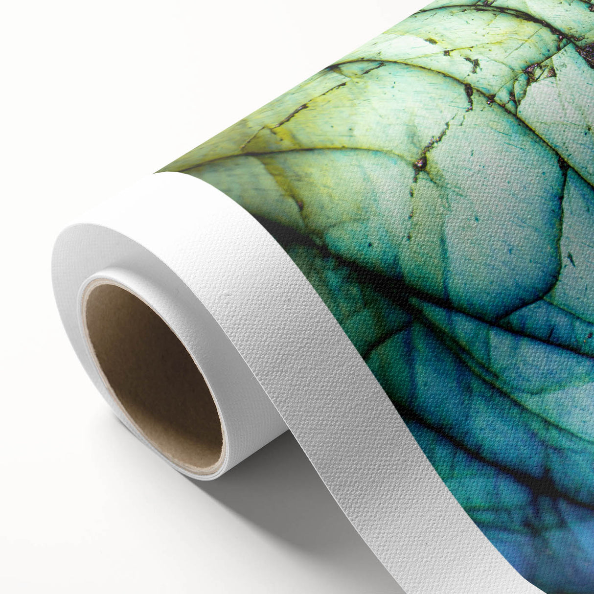 Art deco poster featuring a close-up of natural elements in muted green and brown tones on rolled canvas.