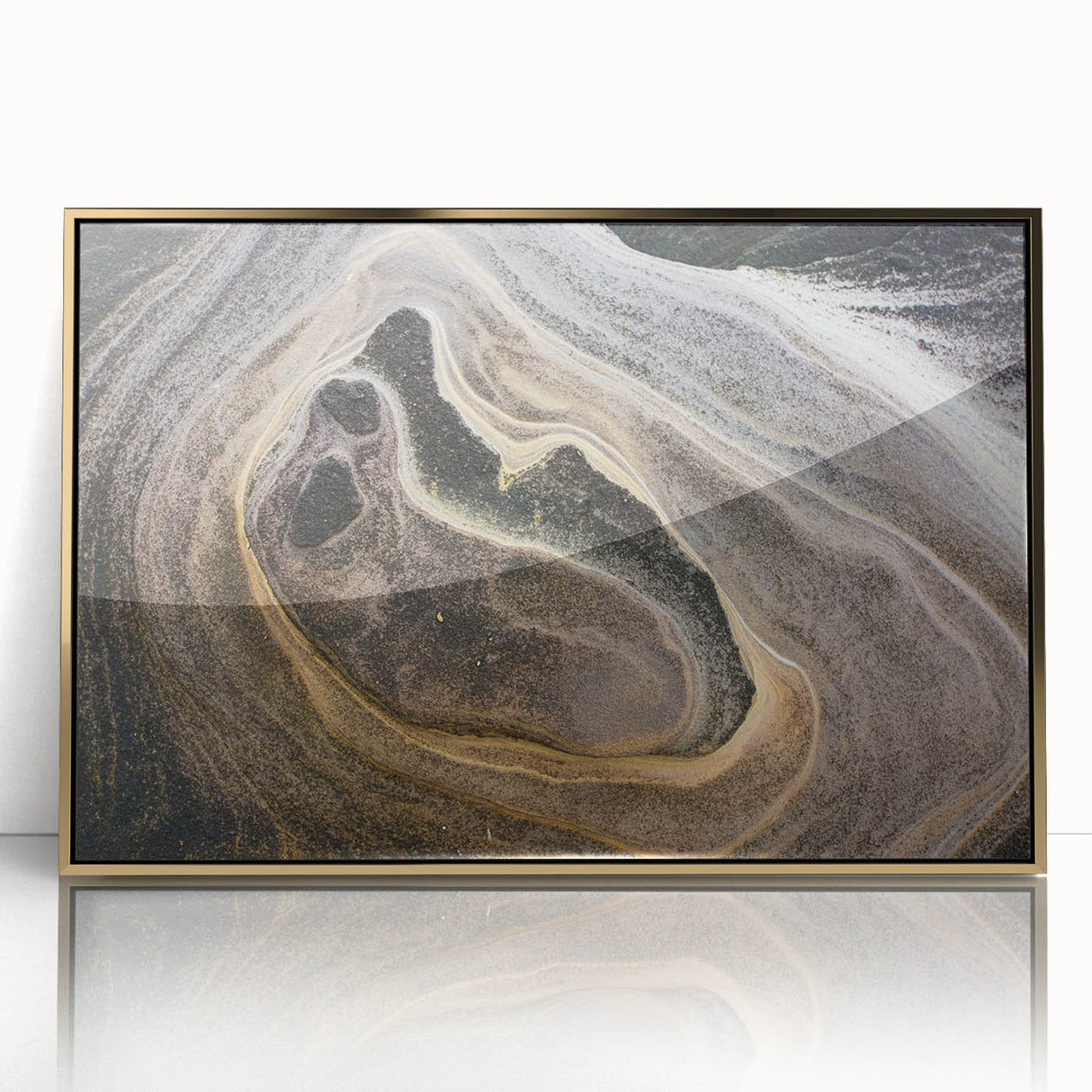 Large art print of a mid-century modernist abstract design in gold and teal tones on framed acrylic.