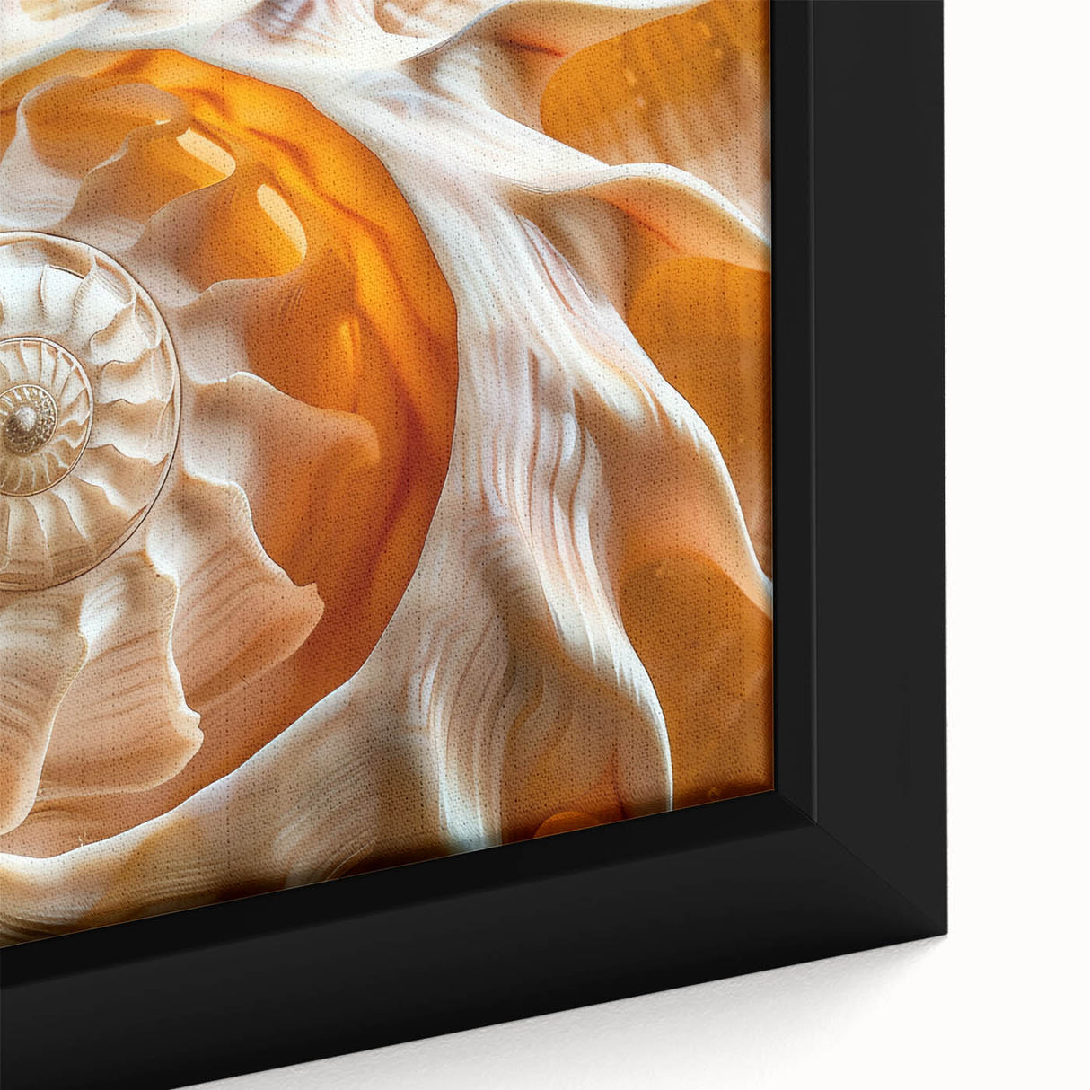 Close-up of black wall art featuring colorful, textured natural elements on a large framed canvas.