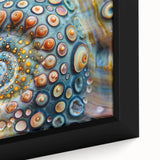 Close-up of textured black wall art featuring natural elements in vibrant colors on a framed canvas.
