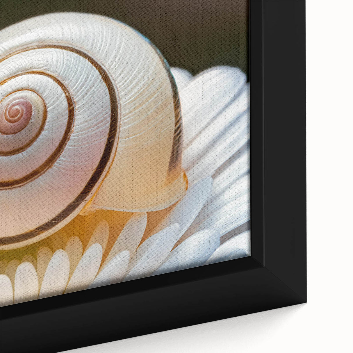 Close-up of textured black wall art featuring colorful natural elements on a framed canvas, ideal for living room decor.