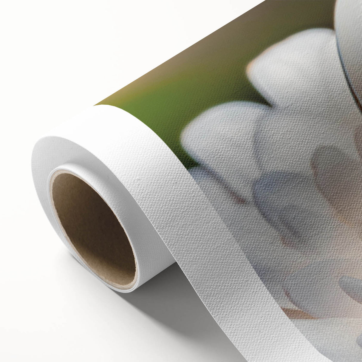 Art deco poster featuring a close-up of natural elements in muted green and brown tones on rolled canvas.
