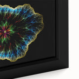 Close-up of black wall art featuring textured, colorful natural elements on a large framed canvas.