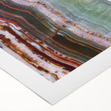 Art deco poster featuring a close-up of natural elements in muted green and brown tones on rolled canvas.