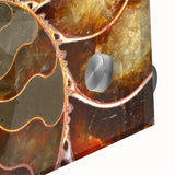 Large abstract wall art featuring natural elements in muted green and brown tones on acrylic glass.