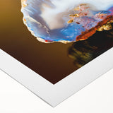 Art deco poster featuring a close-up of natural elements in muted green and brown tones on rolled canvas.