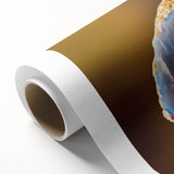 Art deco poster featuring a close-up of natural elements in muted green and brown tones on rolled canvas.