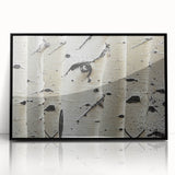 Large abstract wall art featuring close-up images of trees in black and white, framed in black acrylic.