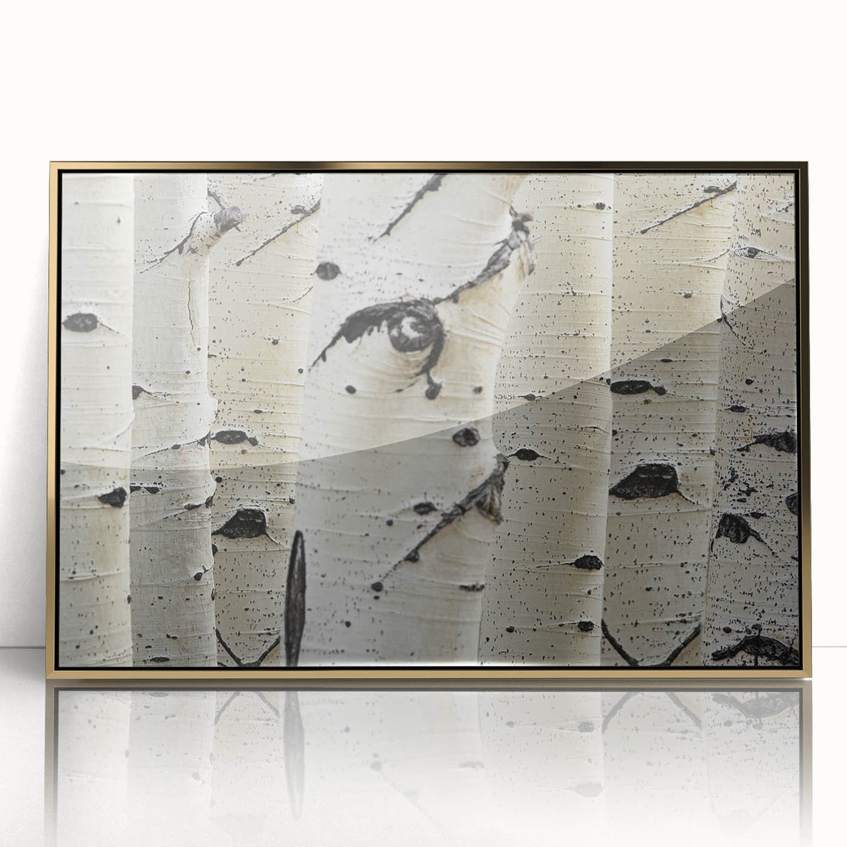 Acrylic print of close-up tree designs with gold frame, in mid-century modernist style, ideal for modern nursery wall art.