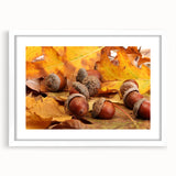 Abstract art print of close-up tree design in muted green and brown tones on a white framed canvas.