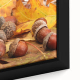 Framed canvas featuring a close-up of a tree with textured black bark and colorful leaves.