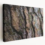Close-up of tree bark on a large stretched canvas, displaying intricate textures in earth tones.