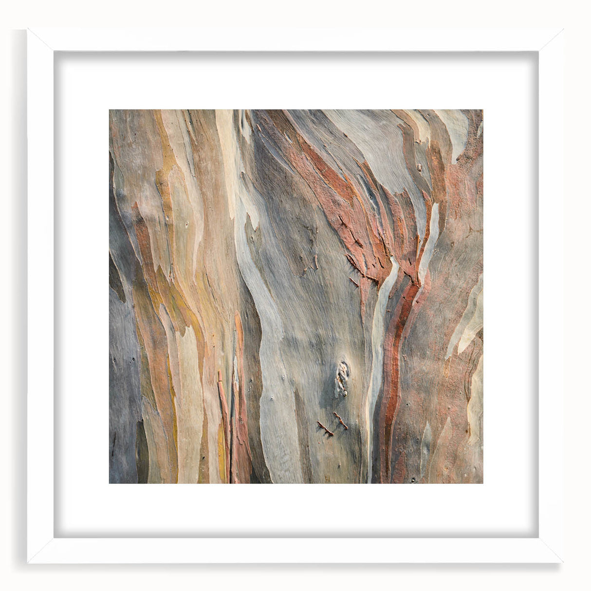 Abstract art print of close-up tree textures in muted green and brown tones, framed with a white mat.