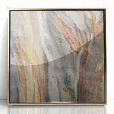 Large art print of close-up tree branches on a gold-framed acrylic, featuring mid-century modernist style.