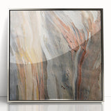 Mid-century modernist art depicting close-up of trees in silver framed acrylic, using earthy tones.