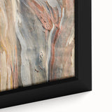 Close-up of a tree's textured bark in black, framed canvas, ideal for enhancing a living room's ambiance.