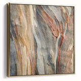 Framed canvas featuring a close-up view of trees in silver and gold tones, ideal for bedroom wall art.