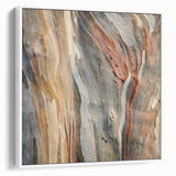 Vintage poster art of a tree close-up on white framed canvas, featuring a stark black background with colorful accents.