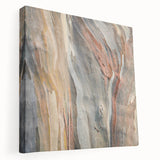 Close-up of tree bark on a large stretched canvas, displaying intricate textures in earthy brown tones.