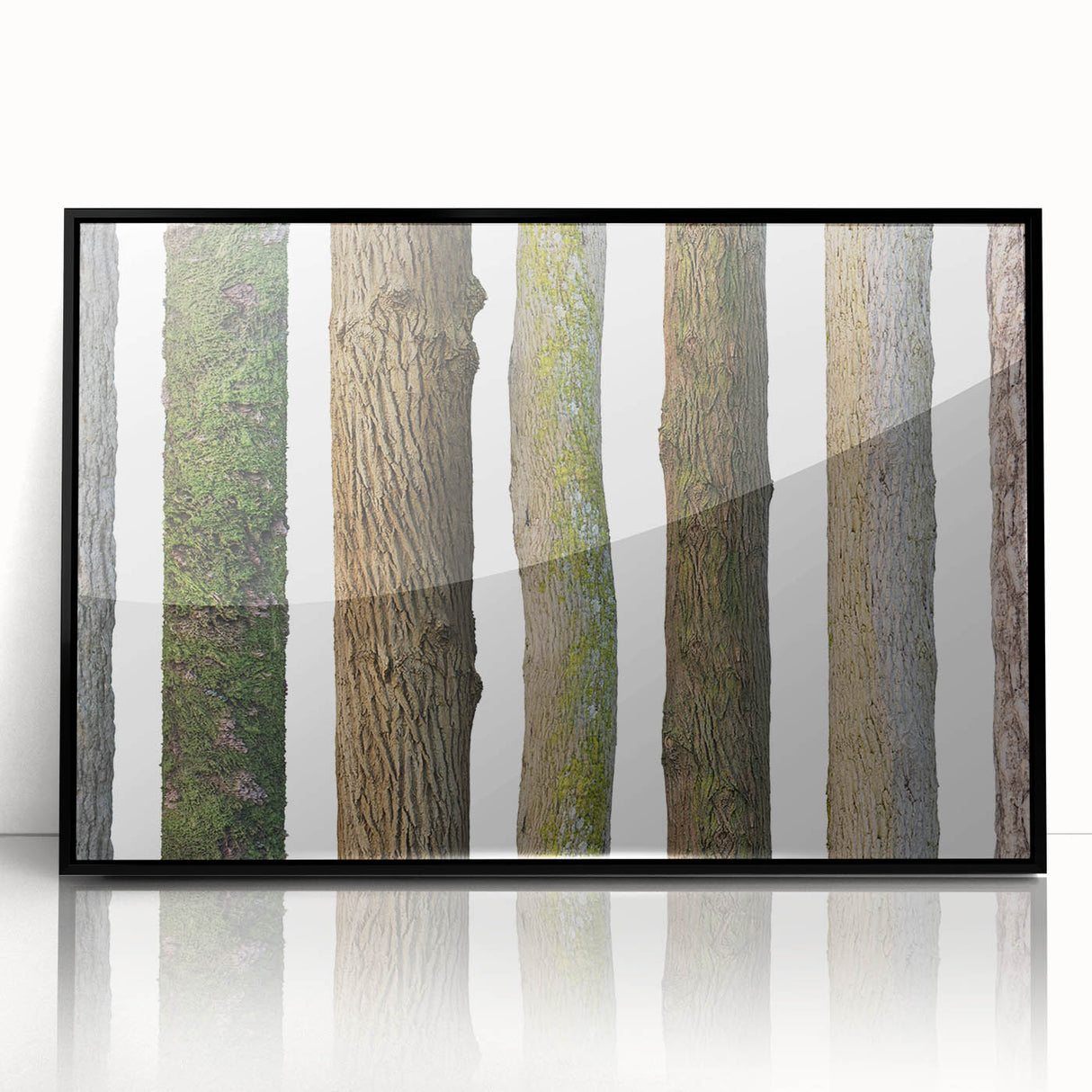 Large abstract wall art featuring a close-up of tree bark in muted brown and gray tones on a framed acrylic panel.