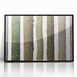 Large abstract wall art featuring a close-up of tree bark in muted brown and gray tones on a framed acrylic panel.