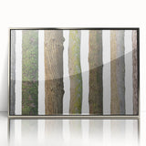 Mid-century modernist style acrylic print featuring a close-up of tree branches in muted green and brown tones.