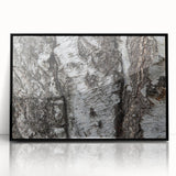 Large abstract wall art featuring close-up tree designs in black and white tones, framed in acrylic.