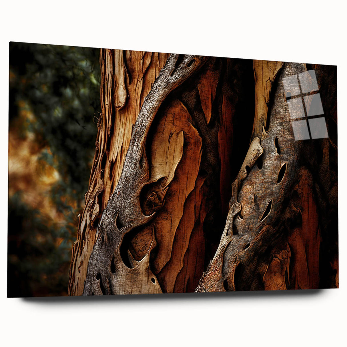 Large abstract wall art of close-up tree designs in muted green and brown, acrylic print.