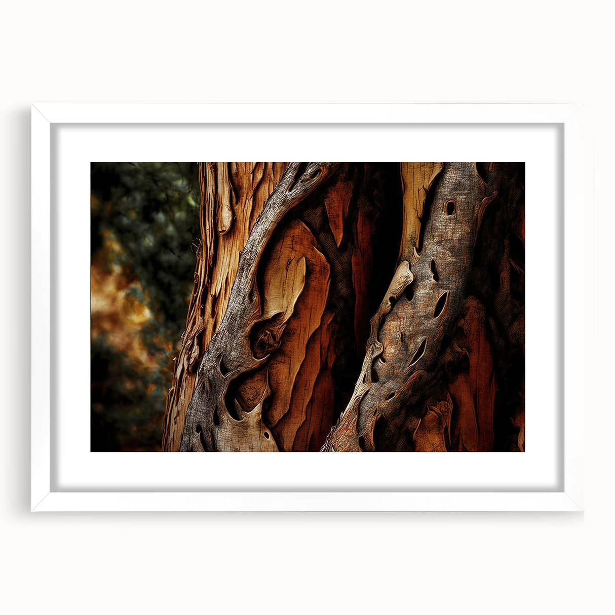 Abstract art print of close-up tree designs in muted green and brown tones on a white framed canvas.