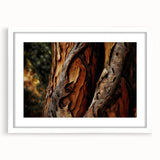 Abstract art print of close-up tree designs in muted green and brown tones on a white framed canvas.