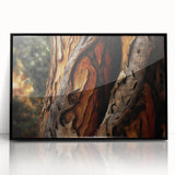 Large abstract wall art featuring close-up views of trees in black and white hues, framed in black acrylic.