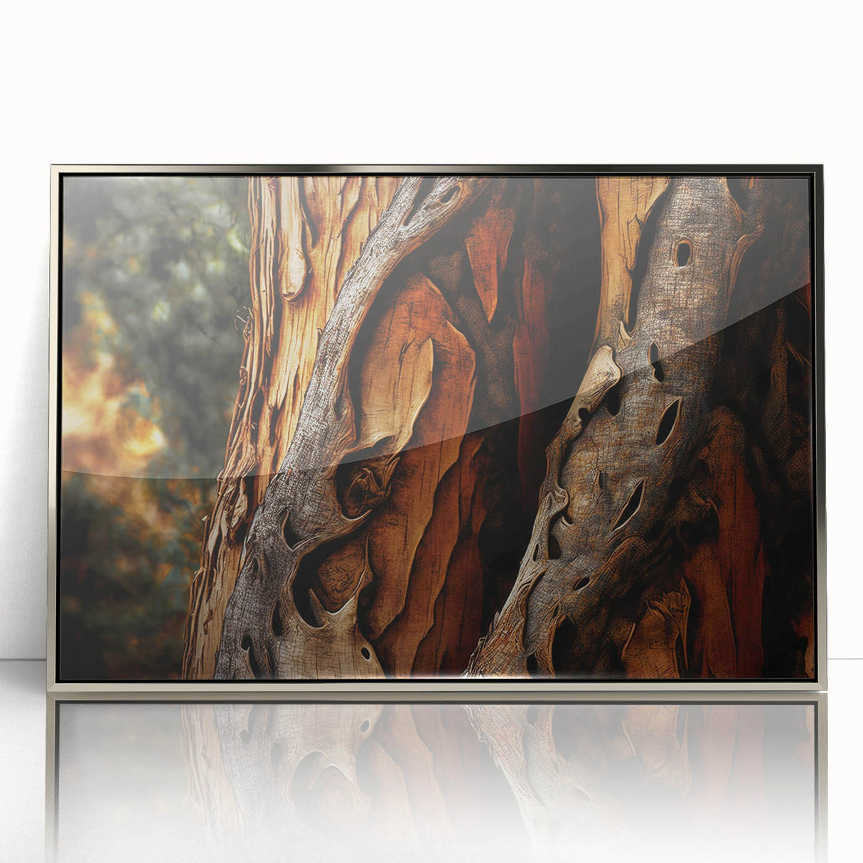 Mid-century modernist art featuring close-up of trees in muted earth tones on a framed acrylic.