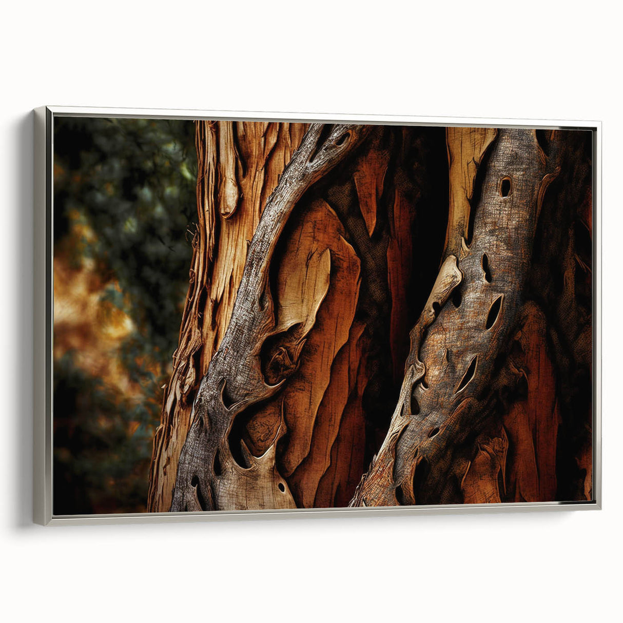 Framed canvas of a vintage landscape painting depicting a dense forest in muted green and brown tones.