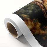 Art deco poster of stylized trees on rolled canvas with muted green and brown tones, ideal for nursery wall art.