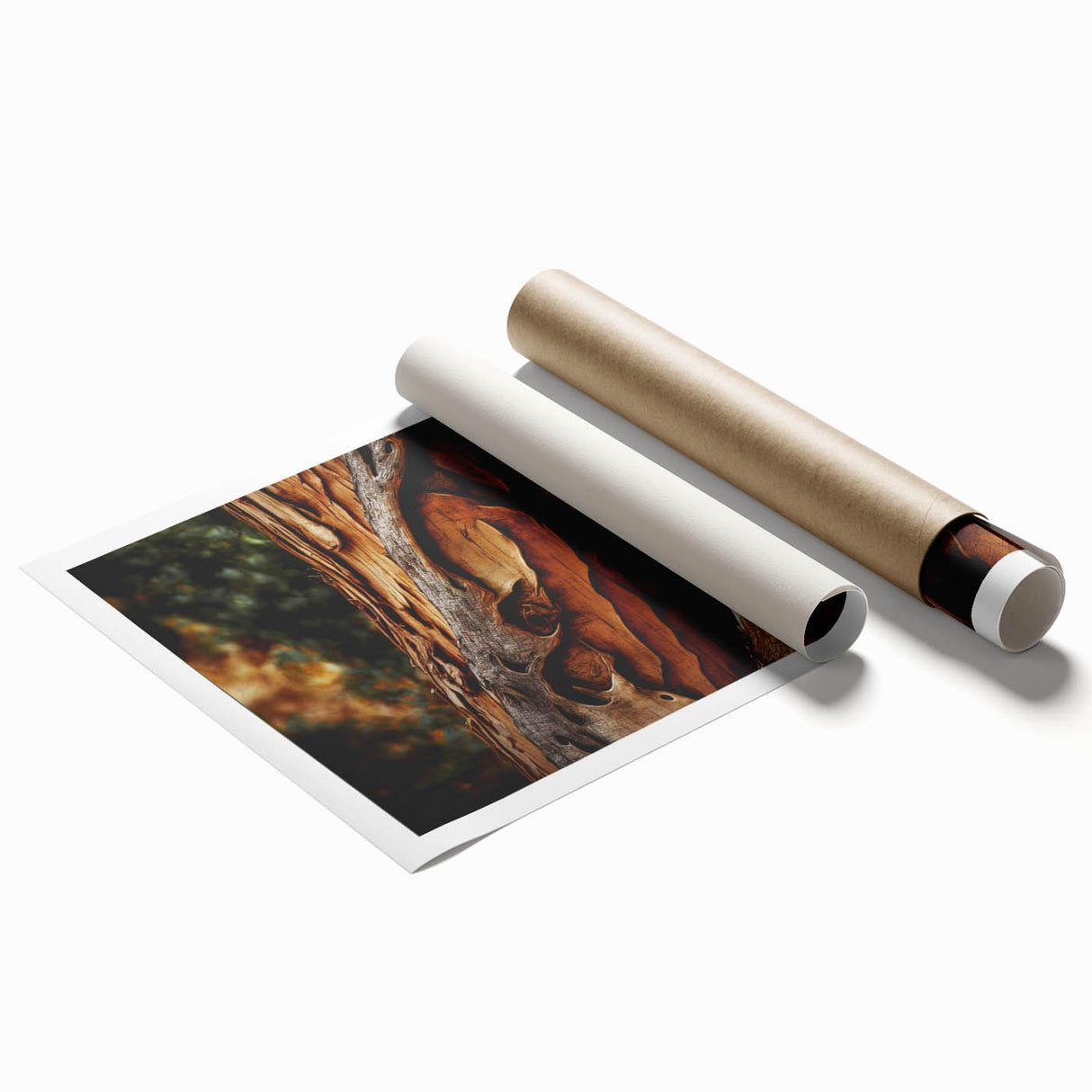 Close-up of tree bark in muted brown tones on a rolled print, suitable for classy bathroom wall art.