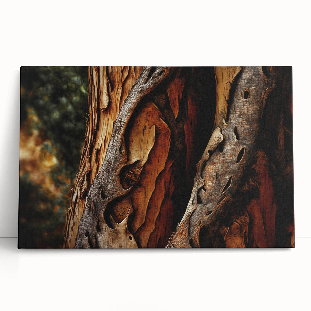 Close-up of tree bark in black and white on a large stretched canvas, ideal for kitchen wall art or bedroom decor.