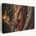 Close-up of tree bark on a large stretched canvas, featuring detailed textures in earth tones, suitable for kitchen wall art.