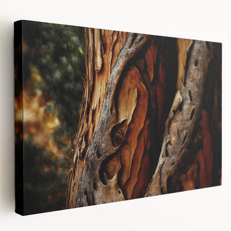 Close-up of tree bark on a large stretched canvas, featuring detailed textures in earth tones, suitable for kitchen wall art.