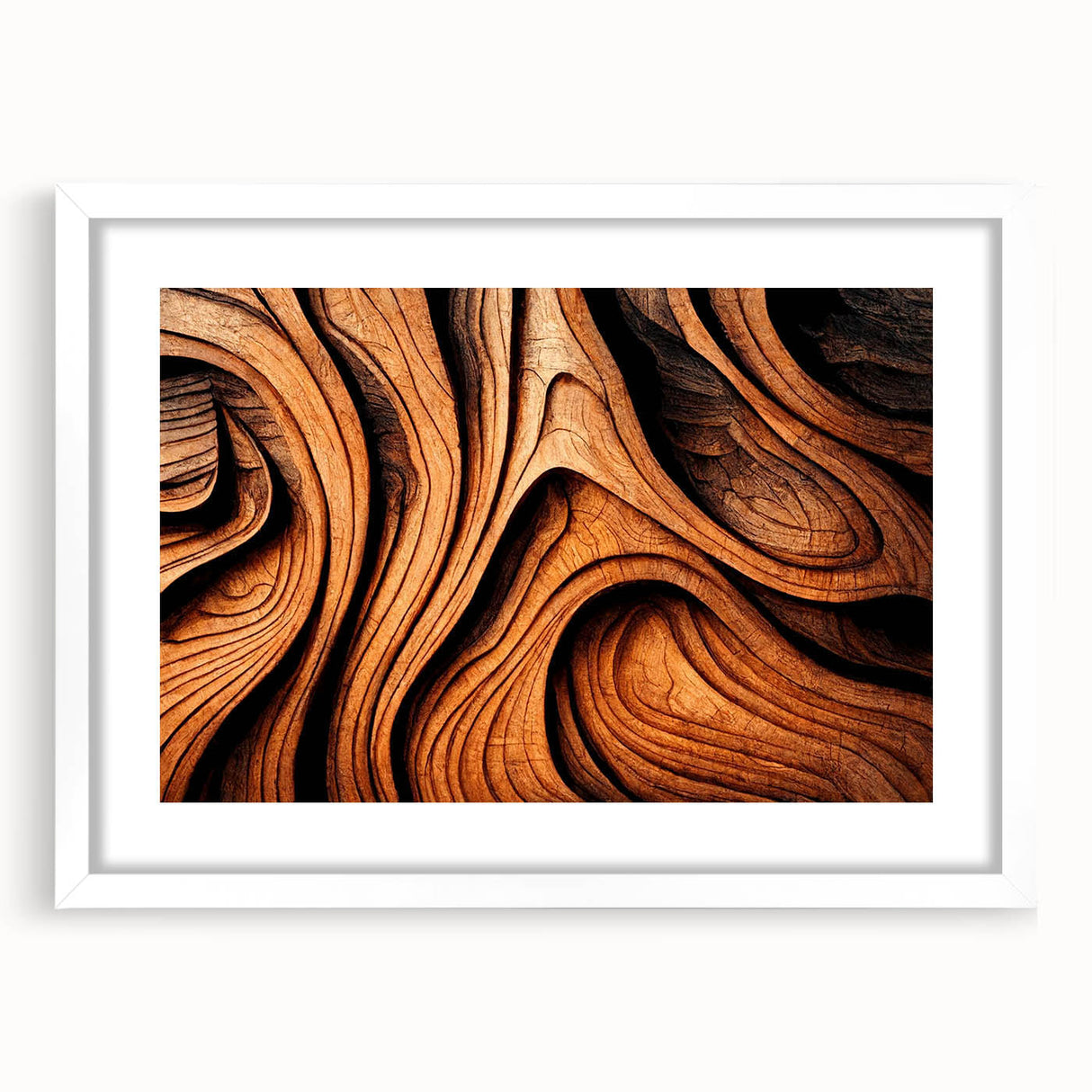 Abstract art print of close-up tree branches in black and white, framed with a white mat, suitable for dining room decor.