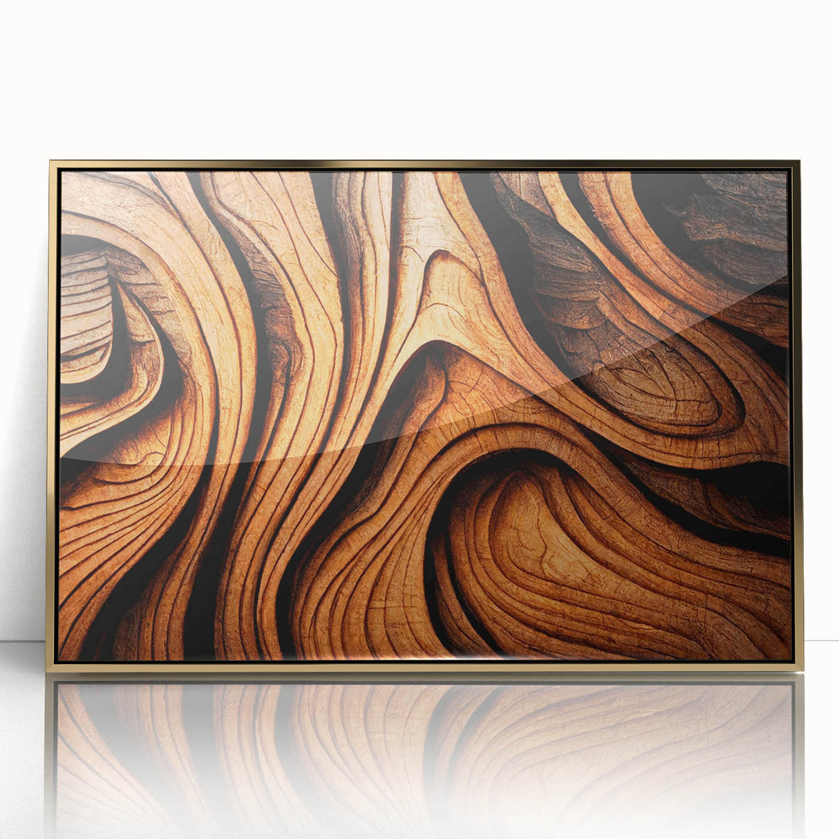 Mid-century modernist large art print of close-up tree designs in gold tones on framed acrylic, ideal for nursery wall decor.