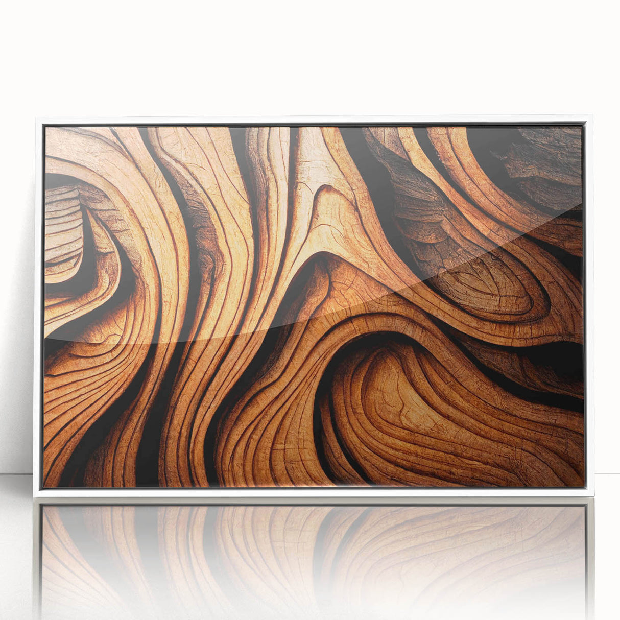Acrylic print of close-up tree designs in muted green and brown, framed in white, suitable for modern nursery decor.
