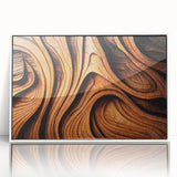 Acrylic print of close-up tree designs in muted green and brown, framed in white, suitable for modern nursery decor.