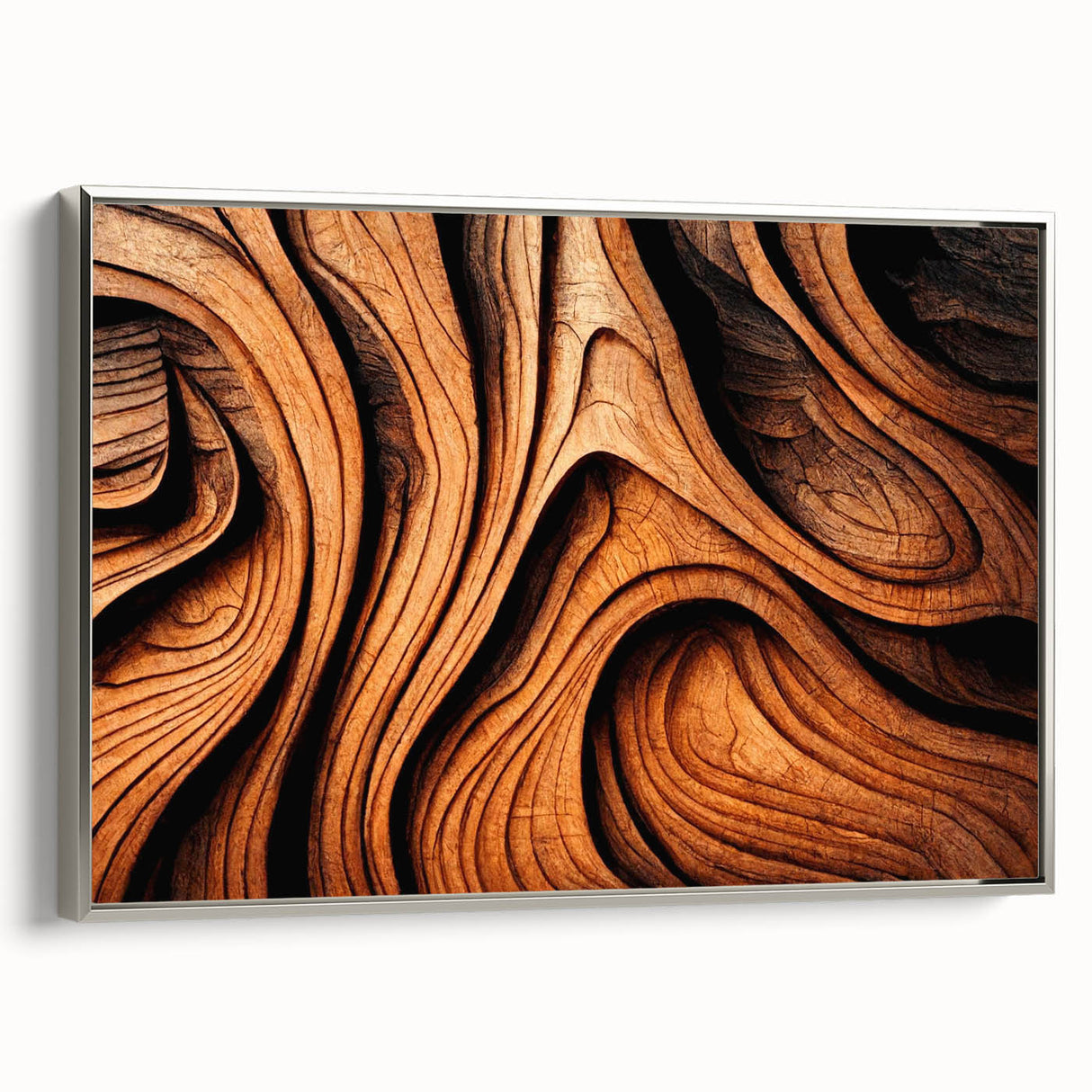 Framed canvas depicting a close-up view of trees in muted green and brown tones.