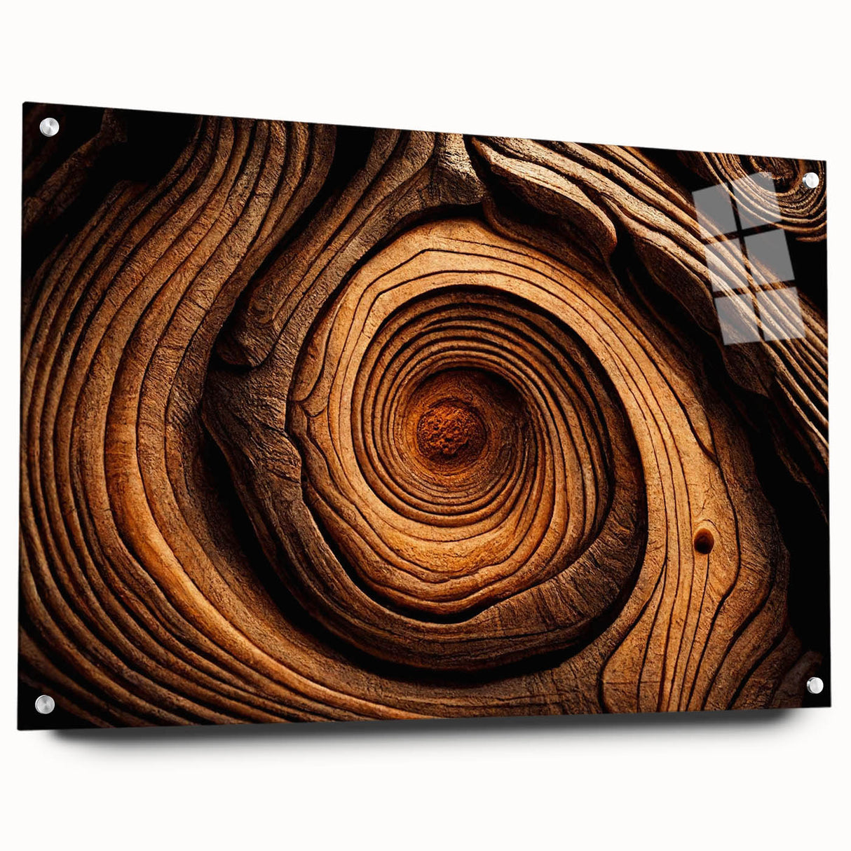 Close-up of tree bark printed on acrylic glass, showcasing earth tone colors, ideal for bedroom or dining room decor.