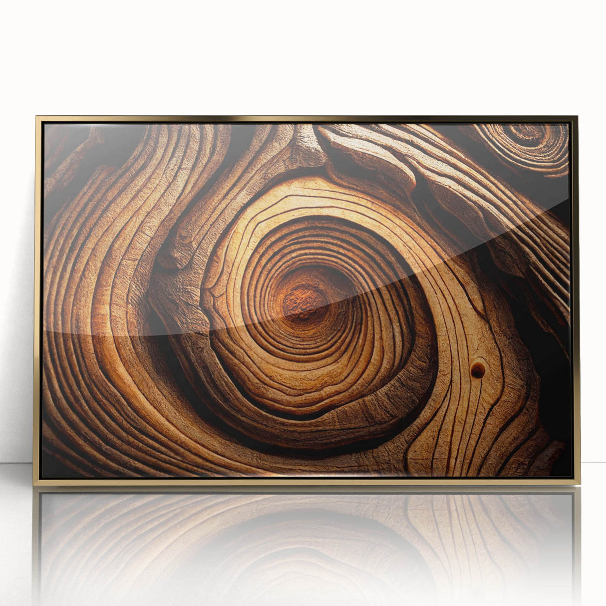 Mid-century modernist large art print of close-up tree designs in gold tones on framed acrylic.