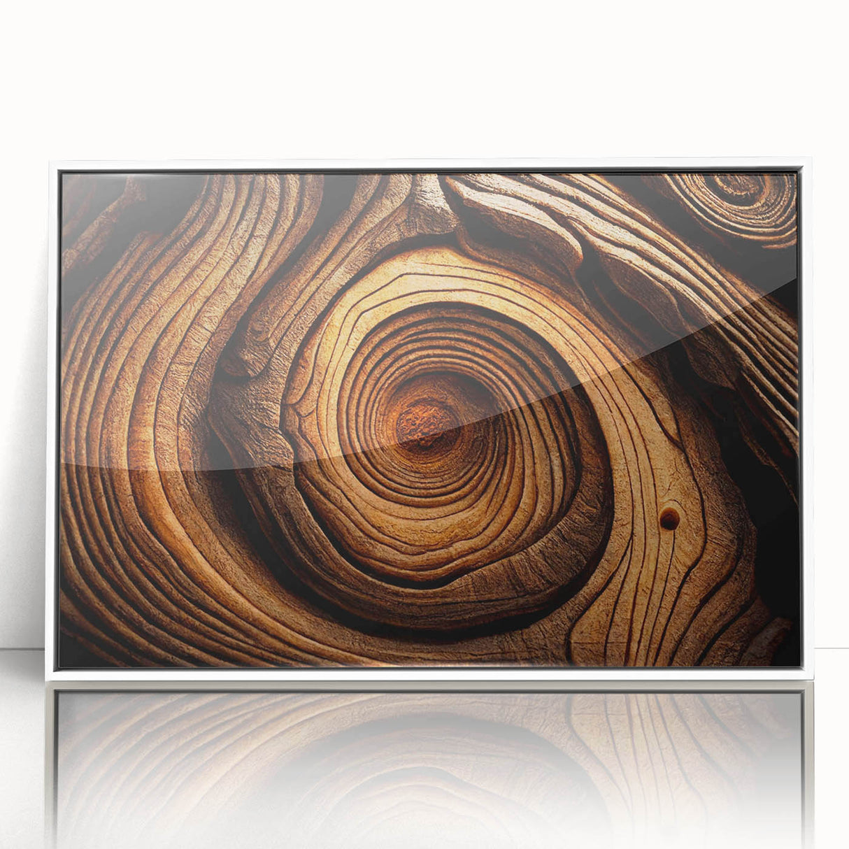 Art deco poster featuring close-up of trees in muted green and brown, framed in white acrylic.