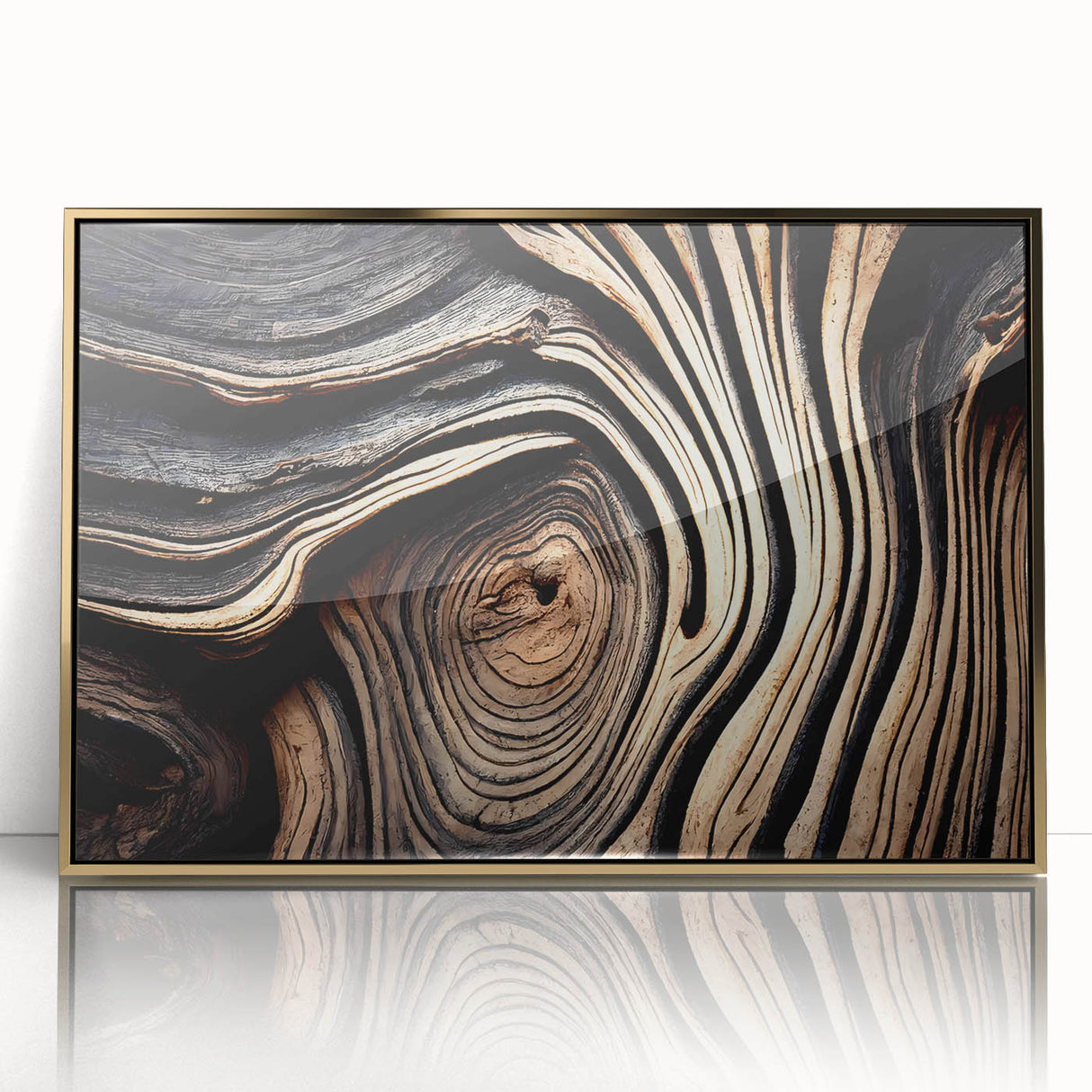 Large acrylic print of close-up tree design with gold frame, featuring mid-century modernist style.
