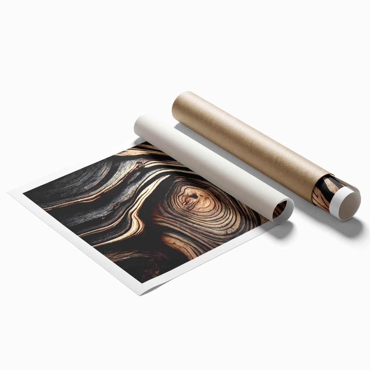 Extra large rolled print featuring close-up of tree branches with muted green and brown tones.