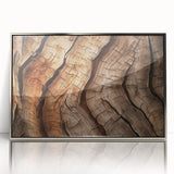 Mid-century modernist art depicting a close-up of trees in muted earth tones, framed in silver acrylic.